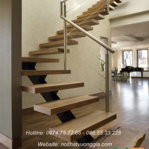 Cầu thang xương cá lan can dây cáp nội thất vương gia