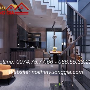 Cầu thang sắt tay vịn gỗ tại Hà Nội