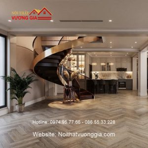 Cầu thang xương xoắn lan can kính cong đẹp nhất