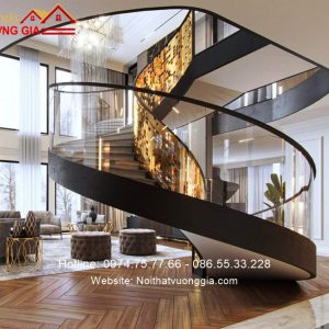 cầu thang xương cá xoắn ốc lan can kính cong